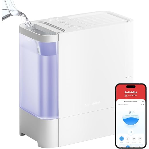 SwitchBot Evaporative Humidifier for Bedroom, 750ml/h, 4.5L for Large Room, No Mist No White Dust, Top Fill, Washable Filter, Quiet Baby Humidifier, Works with Alexa, Google Home, HomeKit, Matter