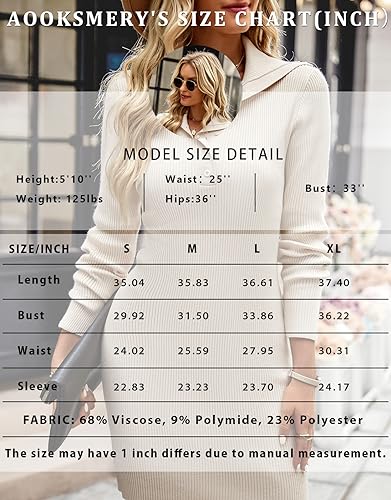 Image of Womens Cream Ribbed Knit Sweater Dress Long Sleeve Bodycon Midi Fall Pullover Sweaters Dresses V Neck Apricot XL