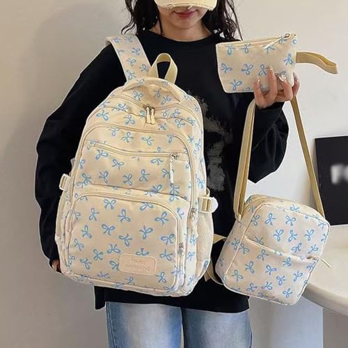 3pcs Set Aesthetic Bookbag with Bows Nylon Cute Backpacks Set with Pouch Bow Backpack Set for Girl(#04)3