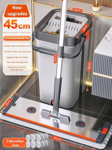 Image of Mop Bucket Heavy Quality Floor Mopp with Bucket, Aluminium pad,Flexible Kitchen tap Flat Squeeze Cleaning Supplies 360 Flexible Mopp Head /2 Reusable Pads Clean Home Floor Home Effective DC2