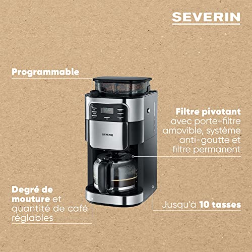 SEVERIN Cafetière avec broyeur intégré 1 000 W, Machine à café programmable avec minuteur, Cafetière filtre avec verseuse en verre d'une contenance de 10 tasses, Noir/Inox, KA 4810