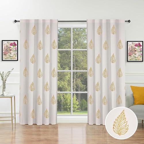 Image of THE LINEN COMPANY Printed Cotton Curtains 4 Feet for Window, Duck Canvas Leaf Pattern Curtains, 4ft Set of 2, Mustard Leaf