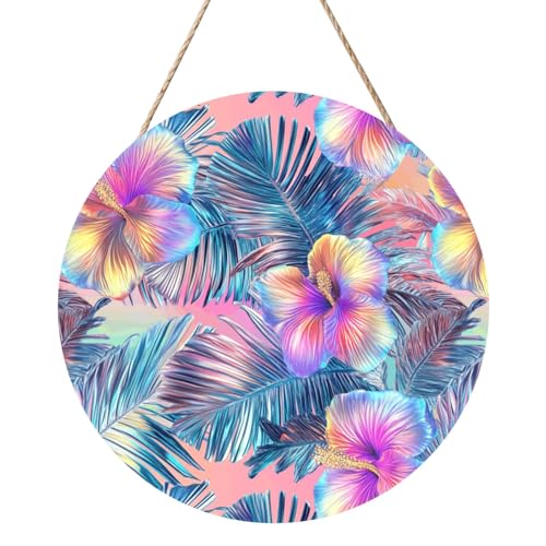 Woshuwo Letrero de bienvenida de madera con hojas de palma metálicas para puerta delantera, 30 cm, redondo, para colgar en la pared, decoración de casa de campo
