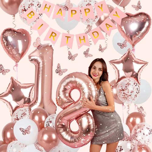 Image of Rose Gold 18th Birthday Decorations for Girl Women, 18 Year Old Sign with Happy Birthday Banner, 40In Number 18 Foil Birthday Balloons, Butterfly Decorations, Heart and Star Balloons