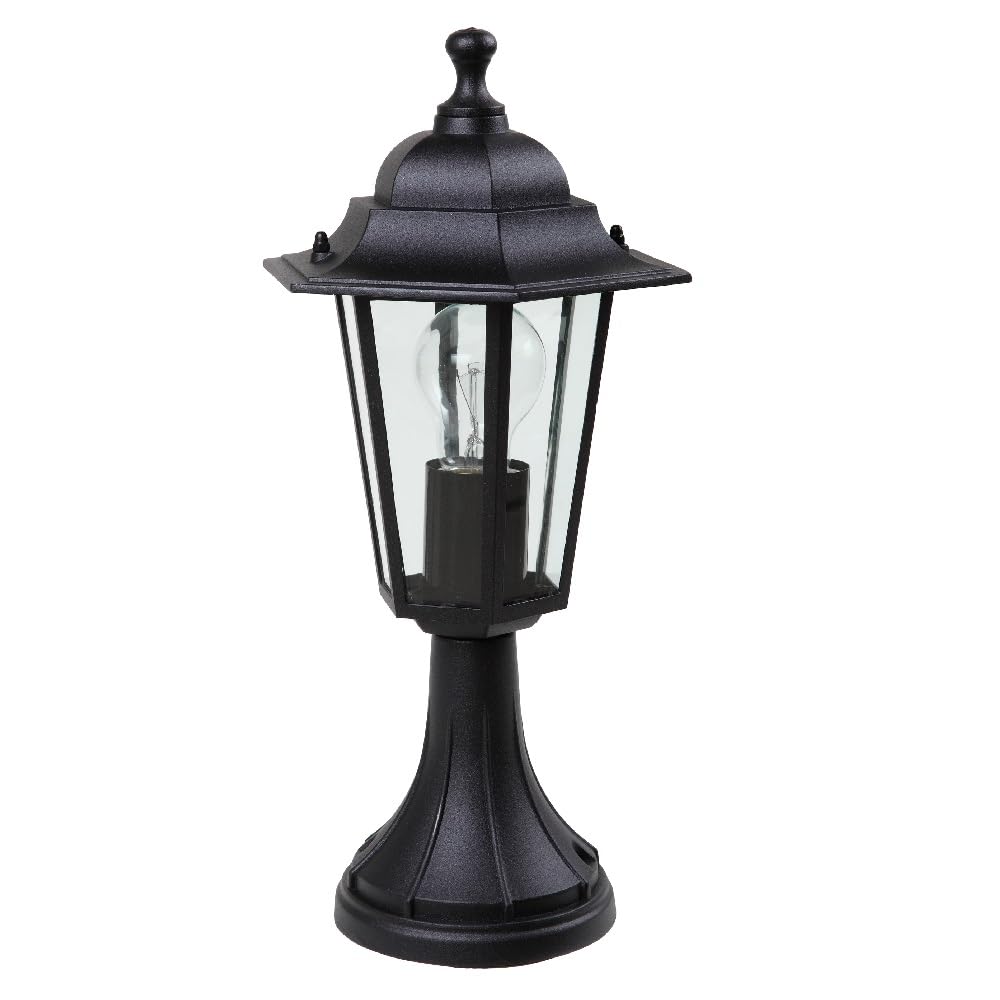 Britalia Outdoor Vintage Lantern Pedestal Post Light, 38.5cm, Black, Aluminium with Clear Glass, IP44