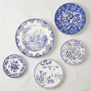 5 Pcs Coastal Vintage Ceramic Wall Plates Set, Blue and White Decoration Hanging Plates with Botanical Patterns, Holland Vintage Gifts for Wall, Home Office Art Ornament(Flowers)