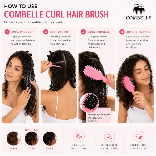 Image of Combelle 5-in-1 Curl Hair Brush | Vegan Boar Bristles | Bio-Based PLA Handle | Detangling, Defining & Frizz Control for Curly & Wavy Hair | For Men & Women - Red