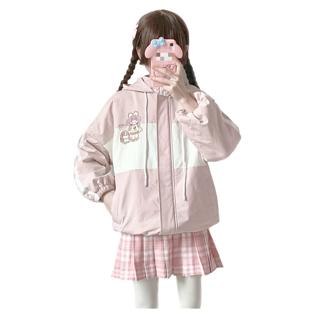 Women Zip Up Hoodie Cute Anime Girl Embroidery Color Matching Coat Teen Girls Kawaii Jacket Loose Hoodies Tops For Autumn Winter
