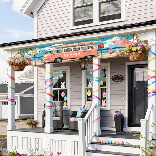 Image of 78.7 x 17.7 Inch Summer Banner Pink Retro Camper Van Beach Ocean Surfboard Flamingo Yard Decorations Seasonal Outdoor Decor Fence Sign