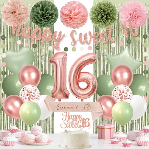 Holkcog Sweet 16 Party Decorations for Girls Happy 16th Birthday Supply With 16th Birthday Banner 16 Balloon Number for Girls Sage-Green Blush-Pink Party Decorations Cheers To 16 Girls Gifts