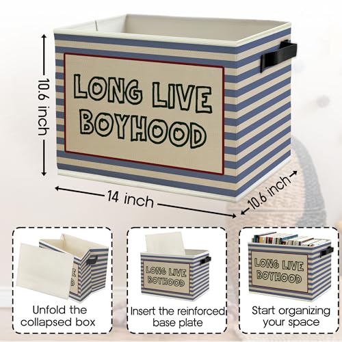 Image of Long Live Boyhood Boys Storage Bins Box with Handles, Retro Blue Striped Collapsible Basket Organizer for Kids Boy Nursery Room Bedroom Bathroom Playroom Books Clothes