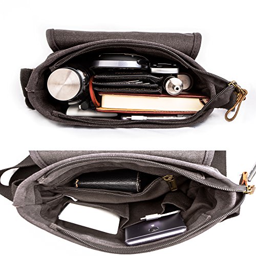 Canvas Messenger Bag TOPWOLF Small Crossbody Bag Casual Travel Working Tools Bag Shoulder Bag Hold Phone Handset Anti Theft (Gray & Leather)