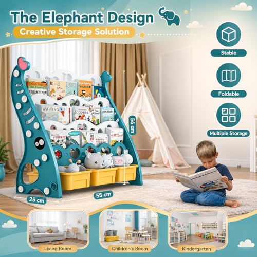 Image of Hukimoyo 2 in 1 Book Shelf Cabinet for Kids with Toy Organizers Storage Box for Home Front Facing Display Storage Bookshelf Rack for Kids, 3‑Tier Book Shelves with Storage Bin for Playroom Montessori