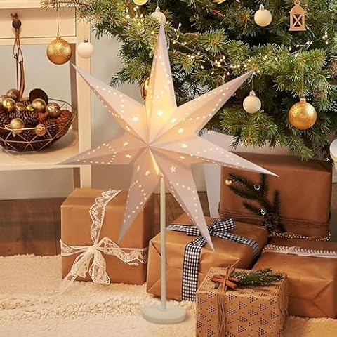 SALCAR Gwiazda bożonarodzeniowa i adwentowa LED, podświetlana na okno, 55 cm, papierowa, z żarówką E14, świecąca gwiazda 3D, stojąca, z podstawą z żelaza, biała