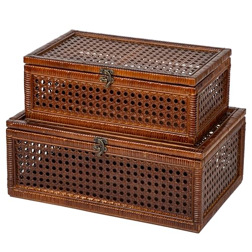 FORBRADS Set of 2 handmade large rattan box with lid natural color decorative box rattan boxes for home decoration.They can hold most household items such as jewelry cosmetics small items etc.