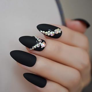 Medium Stiletto Press-On Nails with Rhinestones - Luxury Crystal Black Beads Matte Fake Nails for Women, Full Cover Acrylic Designed Tips with Sparkling Beads