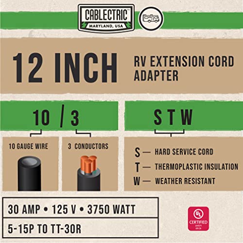 Cablectric 15 Amp To 30 Amp 10/3 Stw Rv Electrical Adapter - 12 Inch Rv Power Cord, 5-15P Male Plug To Tt-30R Female Receptacle, Green And Black #TOP1