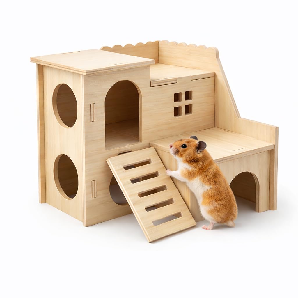 Tiny Hamster Maze Wood House Fun Slide House Double-Decker Hut for Dwarf Gerbil Mouse Mice Rat Small Animals(Only for Small Hamster)