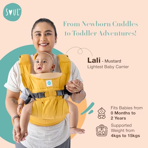Image of SOULSLINGS 4-in-1 Lali Baby Carrier Bag - Mustard - Cotton | Compact & Lightweight (400g) | Adjustable for 0-24 Months (4-15kg) | Machine Washable & Handwashable | Breastfeeding Friendly