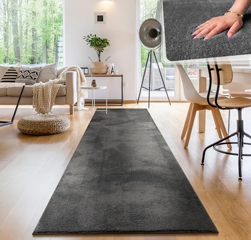 Paco Home Living Room Rug Fluffy Washable in Short Pile Soft, Size:80x150 cm, Colour:Anthracite