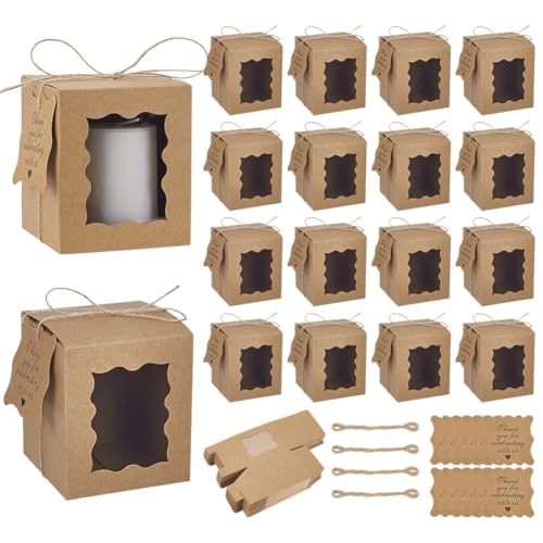 PH PandaHall 50pcs Candle Gift Boxes Paper Gift Boxes 3x3x4inch Small Packaging Box with Visible Window Tags and Ropes for 10oz Candle Jar Wedding Party Christmas Birthday Decoration Brown