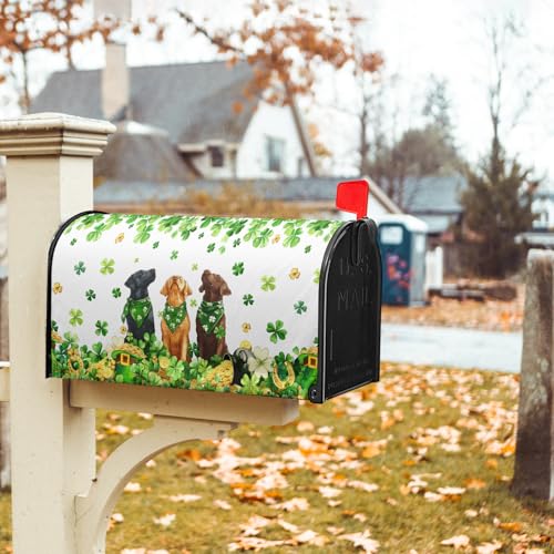 Image of St. Patricks Day Mailbox Cover Magnetic, 21 inchx18 inch Patrick Dog Lucky Clover Elf Hat Mailbox Wrap, Spring Shamrocks Standard Size Waterproof Letter Post Cover for Garden Yard Outdoor Decor