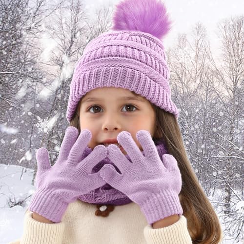 Image of Kids Winter Beanie Hat Scarf Gloves Set for 3-8 Years Old Boys Girls, Thick Warm Knitted Hat Gloves Fleece Lined Scarf Set