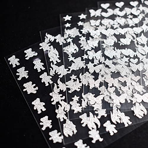 Toofd 6 Sheets Glitter Heart Flame Butterfly Nail Stickers,3D Self-Adhesive Sparkle Bear Star Butterfly Nail Decals For Nail Art,Diy Valentine Nail Art Supplies Nail Decorations #TOP2