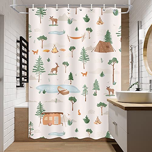 Image of Boziqr Camper RV Shower Curtain Travel Trailer Bathroom Accessories Wild Life Deer Moose Forest Decor Camping Shower Stall Curtains 47x64 Inches (Beige)