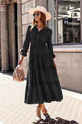 MASCOMODA Fall Long Sleeve Maxi Dresses for Women 2025 Casual Boho Button Ruffle Neck Tiered A Line Flowy Wedding Guest Dress2