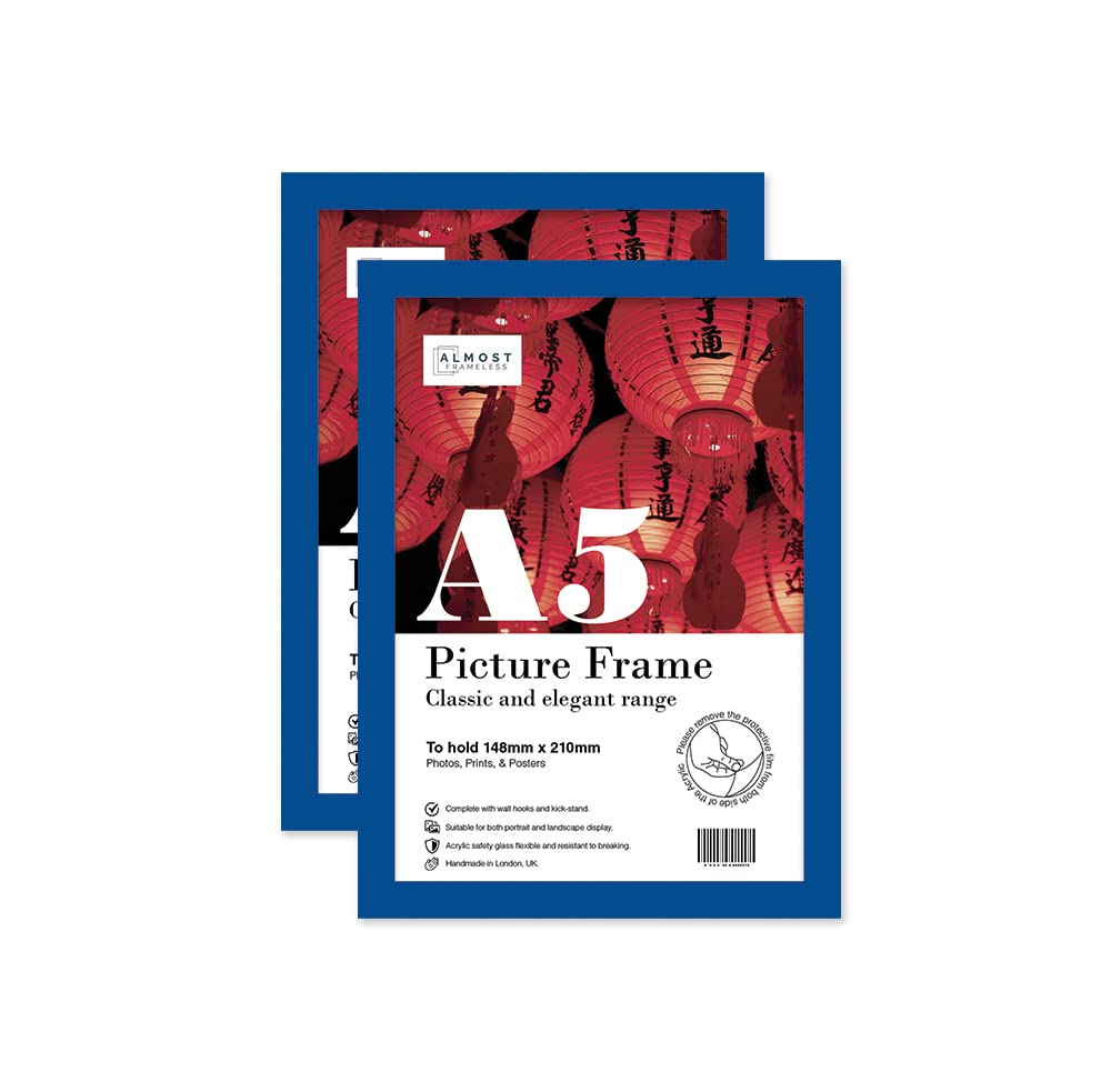 Almost Frameless A5 Blue Picture Frame Set of 2, Display A5 Picture Gallery Wall, Poster, Photo, Artwork, or Print, Blue