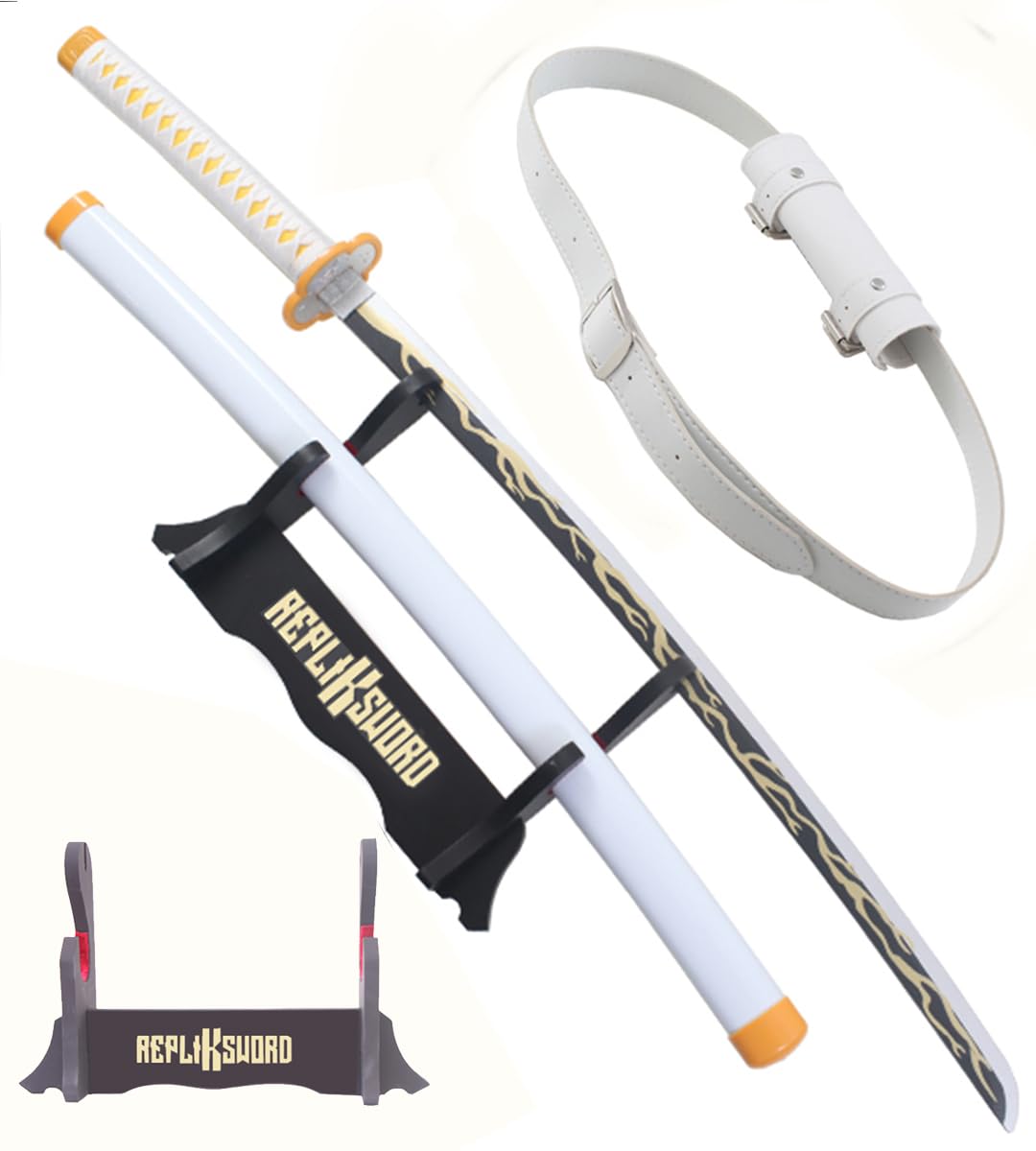 Demon Slayer Katana Zenitsu Agatsuma en Bois - Épée Kimetsu No Yaiba Sabre Réplique Cosplay avec Présentoir et Ceinturon