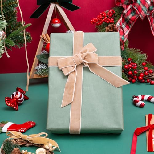Image of QIANF Vintage Camel Velvet Ribbon Christmas Ribbon for Gift Wrapping Crafts Christmas Tree Ornaments Garland Decorations, 1 Inch X 25Yd