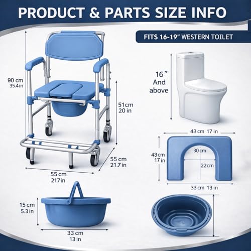 Image of 3-in-1 Commode Wheelchair for Seniors & Patients 150kg Capacity Portable Shower Chair with Rolling Wheels & Removable Bucket, Fits Indian & Western Toilets (90x55x51 cm, Blue)