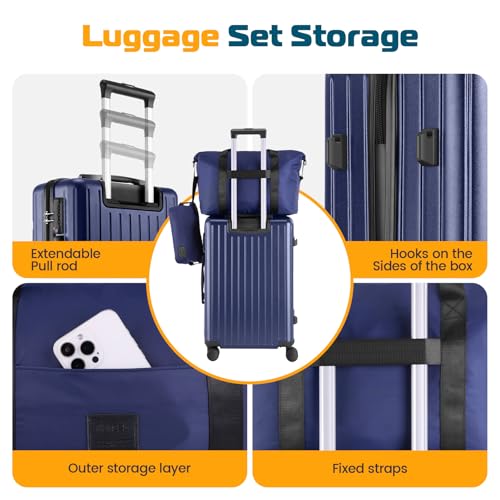 Image of Hoteel Luggage Sets 5 Piece (4-YEARS WARRANTY), ABS+PC Suitcases with Wheels and Side Hook, Hardshell 20 /24 /28 inch Luggage with Duffel Bag Travel Bag, Dark Blue
