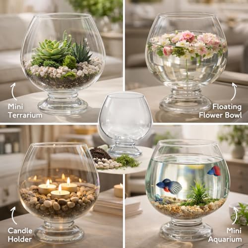 Image of Glass Fish Bowl /Terrarium Wine Cup Decorative Glass Aquarium for Home Decor Elegant Centerpiece for Living Room, Office & Balcony Ideal for Displaying Plants, Pebbles & Fish (10 Inch)