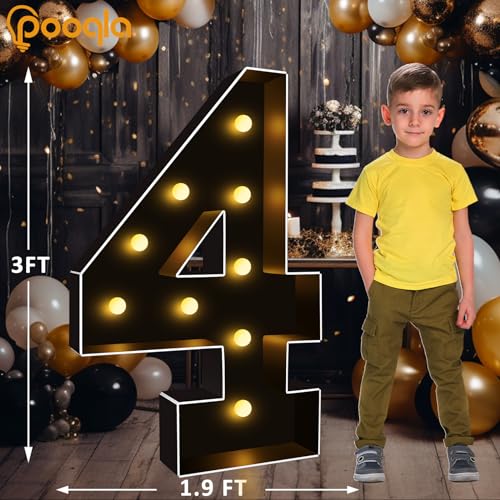 Image of Pooqla 3FT Marquee Light Up Numbers 4 for 4th 40th Birthday Decorations | Black LED Marquee Numbers Party Backdrop, 3 Feet Large Mosaic Numbers 4th 40th Anniversary Birthday Gift for Boys Men