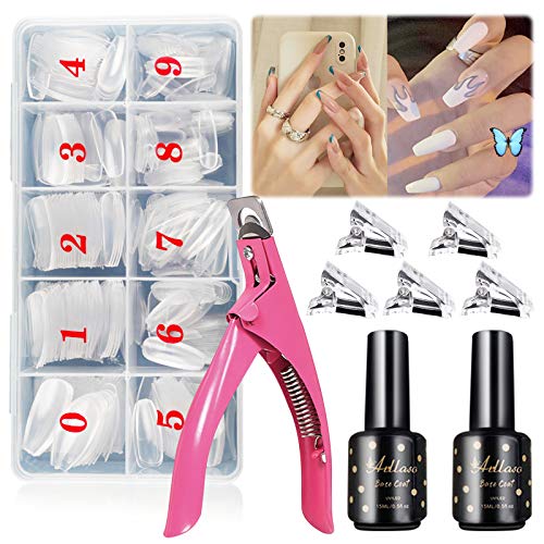 Arllaso Clear Coffin Press on Nail Tips Long, 500pcs Full Cover Acrylic Nails with 2pcs Nail Glue Gel, 10 Size Acrylic False Nail Packed in Storage Case Suit for Large & Small Nail Beds Home DIY Nails