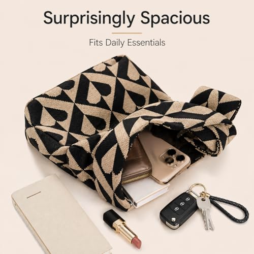 Image of Kawn Crochet Wrist Handbag for Women Wristlet Sleeve Knot Pouch Portable knitted breathable lightweight foldable Casual Small Purse Cute Tote Bag For Shopping, Dating, Travel