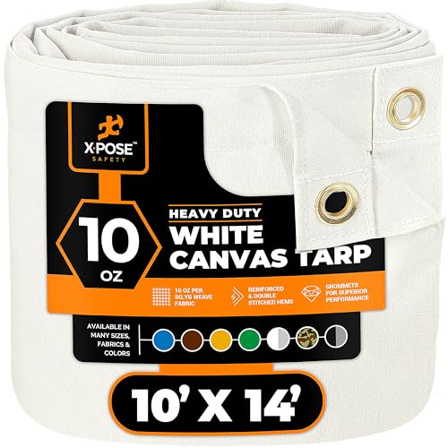 Xpose Safety Canvas Tarp - 10oz White Canvas Tarps Heavy Duty Water Resistant with Brass Grommets- Multipurpose Outdoor Tarpaulin for Camping, Canopy, Trailer, Equipment Cover 10' x 14'