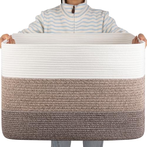 Image of OIAHOMY 108L Large Cotton Rope Basket, Rectangle Woven Baskets for Storage, Nursery Blanket Storage Living Room, Toy Basket with Handle-25 inchx16 inchx16 inch-Gradient Dark Brown