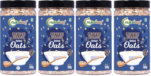 Image of Nutriorg 100% Organic Rolled Oats 1000gm | Pack of 4 | Gluten Free | High protein | Weight loss | Fibre Rich | Easy to Cook | Overnight Oats | Nutritional Breakfast Cereal Oats | Air Tight Plastic Jars