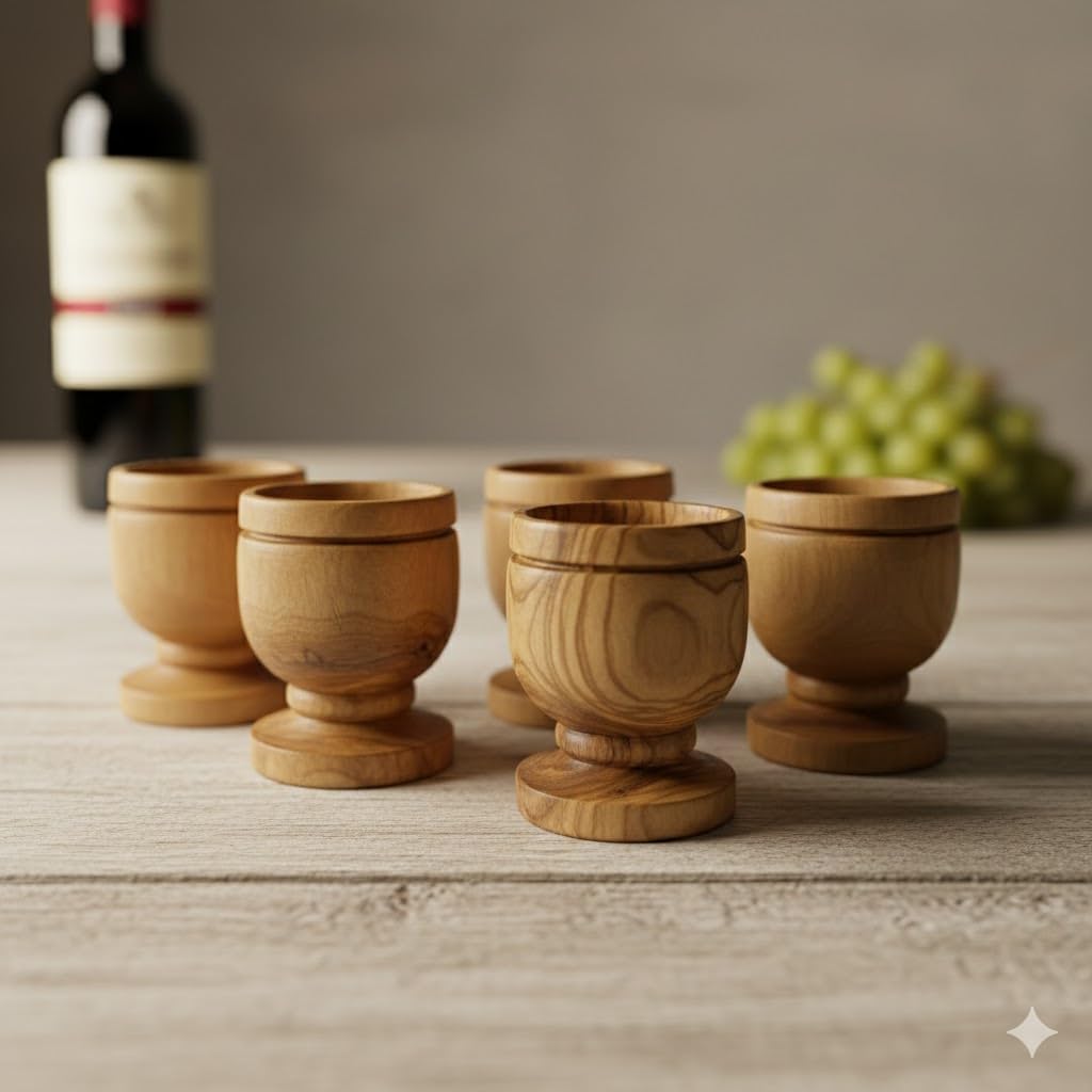 Zuluf Olive Wood Mini Very Small Communion Chalice Cups Set of 6 Wooden Goblets for Wine and Church Use 1.6 Inch Holy Land