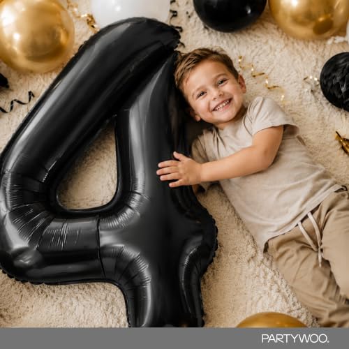 Image of PartyWoo Black Number 4 Balloon 40 Inch 25pcs Black Foil Star White Gold