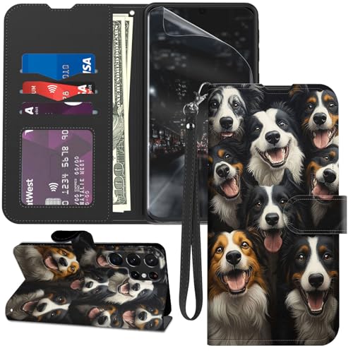 for Samsung Galaxy S23 Ultra Case Wallet with Screen Protector, Stand PU Leather Flip Folio Cover with Card Holder, Full-Body Protection Phone Case for Samsung S23 Ultra, Collie Dogs
