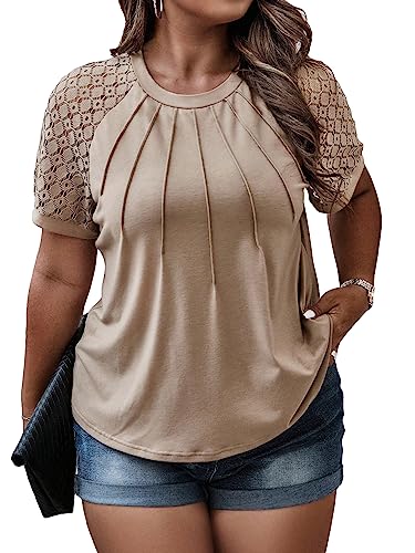 SOLY HUX Women's Plus Size Contrast Lace Short Sleeve Tee Round Neck Summer T Shirt Tops