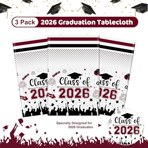 Image of Graduation Decorations Class of 2026 Tablecloth - 3 Pcs Plastic Congrats Grad Table Cloth, Graduations Table Cover for Graduation Party Decorations 2026 and Party Supplies, 54 inchx108 inch (Maroon and Black)