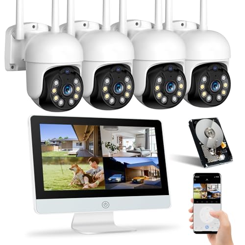 YESKAMOO 【500万画素・360°全方位追尾 】防犯カメラ ワイヤレス 屋外 12インチIPS防犯モニター 一体型NVR 4台 室外