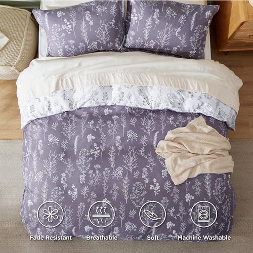 Image of Bedsure Duvet Cover King Size - Reversible Grayish Purple King Duvet Cover Set with Zipper Closure, 3 Pieces Cute Floral Patterned Bedding Set with 8 Corner Ties and 2 Pillow Shams
