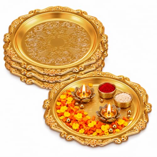 Teecyhooo 4 Pcs Vintage Silver Tray Indian Pooja Return Gift, Round Golden